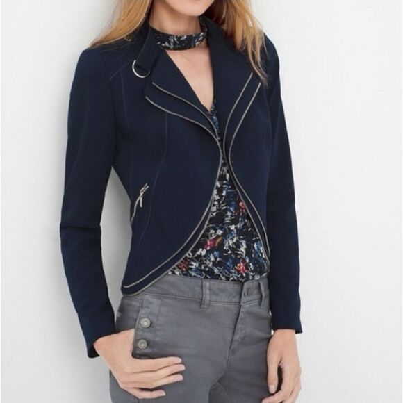 White House Black Market Cropped Navy Blue Open Front Moto Style Jacket Size 4 - Picture 1 of 14